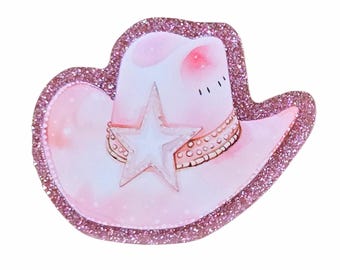 2 sombreros de vaquero rosas con purpurina, de acrílico, con base plana, para llaveros y tarjetas.