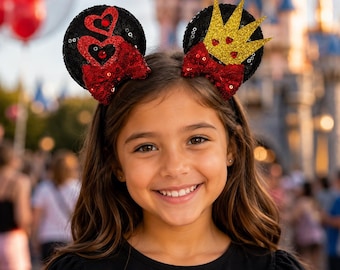 Queen of Hearts Mouse Ear Clips, Bow Hair Clips for Theme Park Trips, Dress Up and Everyday Wear
