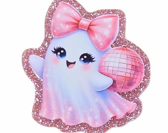 2 unidades de adhesivos acrílicos planos con purpurina "Disco Ghost" para Halloween, ideales para portacredenciales, accesorios para el cabello y soportes para teléfonos.