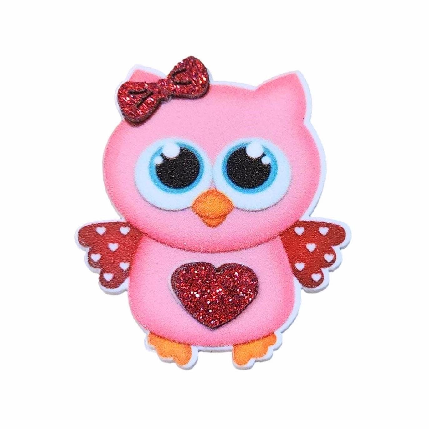 5 Valentine Planar Resin Flatbacks | Pink Owl Cabochon | Love Bird Charms for Card Making & Badg