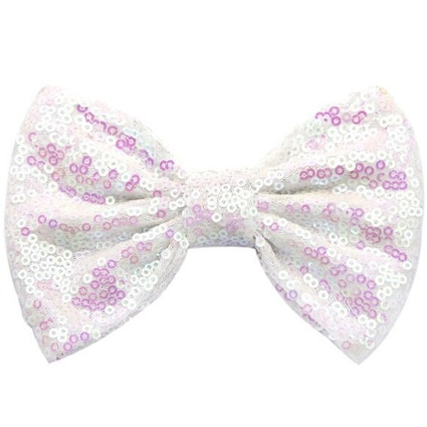 Sequin Bows . Iridescent White . 5 in. Sparkly Headband Bow . Large Hair Bow . NO Clip