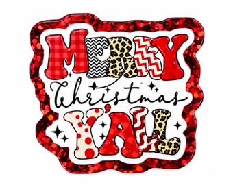 2 PCS Merry Christmas Y'all Glitter Acrylic Flatbacks for Card Making, Holiday Crafts