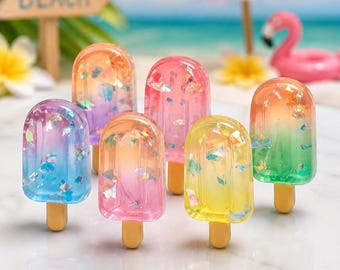6 PCS Glitter Pop Resin Flatbacks, Summer Popsicle Cabochons for Slime Charms, DIY Jewelry