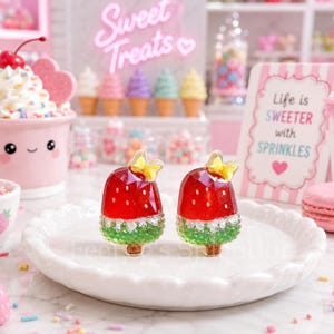 May include: Two strawberry-shaped candies with a red, faceted design and white dots, topped with a yellow butterfly. They sit on a white plate. The background includes a pink neon sign that says "Sweet Treats."