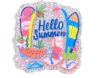 2 PCS Hello Summer Glitter Acrylic Flatbacks for Badge Reels, DIY Magnets