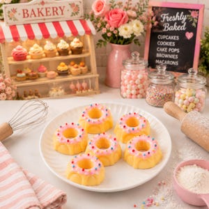 May include: A white plate holds six yellow ring-shaped cakes topped with pink icing and colorful sprinkles. A metal whisk, a wooden rolling pin, a pink bowl with flour, and a miniature bakery display with various small treats are visible.