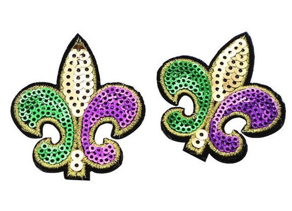 Fleur De Lys Applique Mardi Gras Metallic Tri color Iron On Patch - 1 3/16  high (33mm) x 15/16 wide 24mm - Patchwork Panda Trims