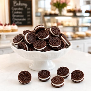 May include: A white ceramic pedestal bowl filled with dark brown chocolate sandwich cookies with white cream filling. Several identical cookies are scattered on the surface in front of the bowl. The cookies have a textured, circular pattern.