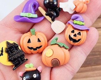 8pcs Halloween Cabochon | Pumpkin Flatback | Black Cat Charms | Spooky Friends Mix