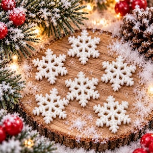 May include: Five white glittery snowflake ornaments arranged on a circular wooden slice. The scene is decorated with green pine branches, red berries, and a pinecone, all dusted with artificial snow and illuminated by warm glowing lights.