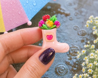 5 PCS Floral Rainboot Resin Flatbacks, Spring Cabochons for Hair Bows, Keychain Accessories