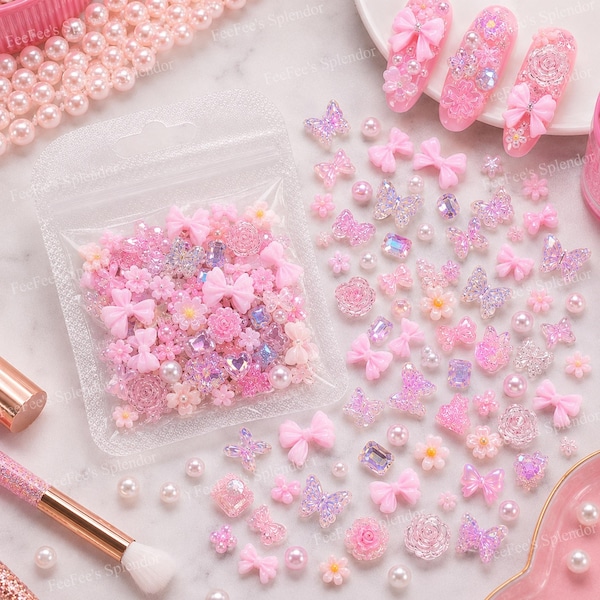 100 PCS Pink Nail Charms, 3D Mini Acrílico Flatbacks para Nail Art, Manicura Decoden