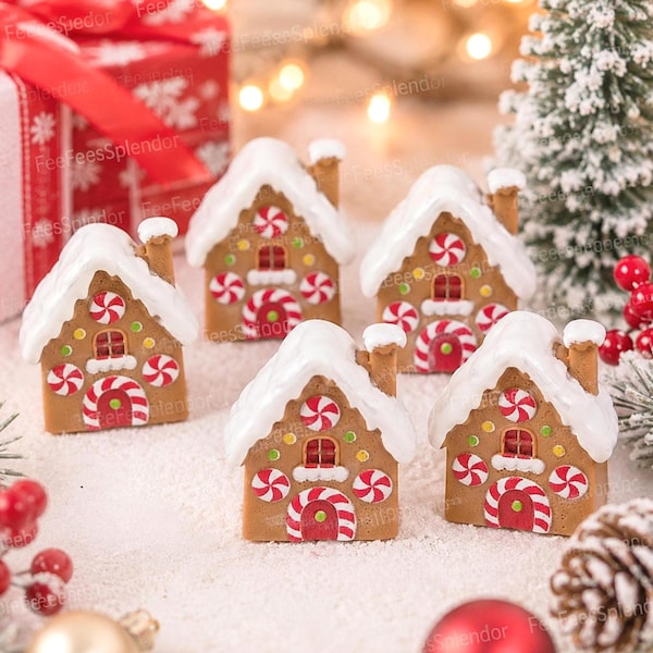 4 PCS Gingerbread House Cabochons, Christmas Resin Miniatures, Holiday Charms for Crafts, Ornaments