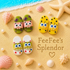 May include: Four pairs of cartoon-themed sandals are arranged on a sandy surface with seashells and pearls. The sandals feature character faces in green, yellow, and white with blue eyes. The text "FeeFee's Splendor" is also visible.
