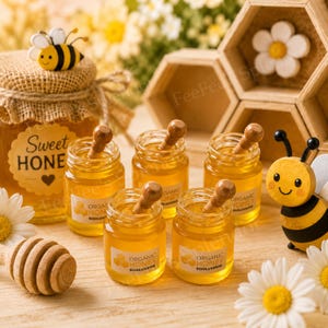 May include: A collection of small glass jars filled with golden honey, each featuring a wooden dipper and a label reading Organic Honey Dooluvipph. A larger honey jar with a burlap lid, wooden bee decorations, and white daisy flowers are included.
