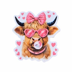 May include: A die-cut sticker featuring a fluffy brown Highland cow wearing pink heart-shaped sunglasses, a pink polka-dot bow on its head, and a pink collar. The cow is blowing a pink bubblegum bubble, surrounded by small pink hearts.