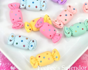 12 PCS "Polka Dot Candy" Resin Flatbacks - 3D Wrapped Taffy Cabochons for Jewelry, Fake Bake Decor