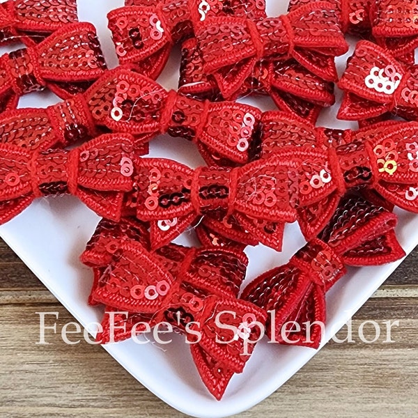 5 pcs Mini Red Sequin Bow . Metallic Red Bow . 1.4" Bow Applique