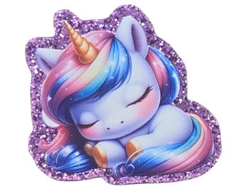 2 unidades de adhesivos acrílicos planos con purpurina mística "Unicornio Soñador" para carretes de insignias, centros de lazos y creación de tarjetas.