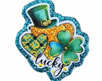 2 PCS Lucky St. Patrick's Day Glitter Acrylic Flatbacks for Planner Clips, DIY Keychains