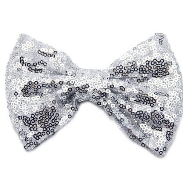 Sequin Bows . Silver . 5 in. Sparkly Headband Bow . Large Hair Bow . NO Clip