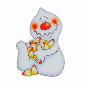 May include: A white ghost-shaped figure with a rounded head and body, featuring a bright orange nose and rosy cheeks. The figure is sitting down and holding a cluster of yellow, orange, and white candy corn pieces in its arms.