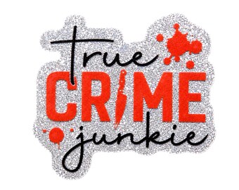2 unidades de adhesivos acrílicos planos con purpurina "True Crime Junkie" para portacredenciales, adornos para bolígrafos y llaveros.