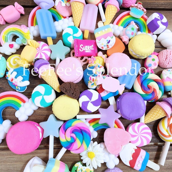 20 pcs Candy Cabochon . GRAB BAG . Rainbow Sweets Sugar Lollipop Flowers . Kawaii Clay Charms