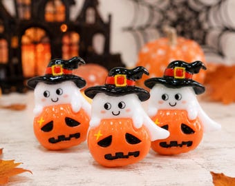 5 PCS Pumpkin Ghost Resin Flatbacks - 3D Halloween Cabochons for DIY Jewelry, Slime Charms