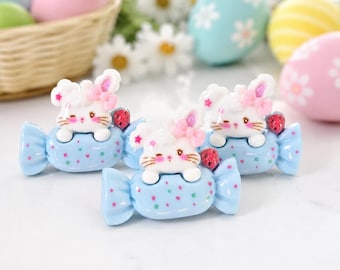 5 PCS Candy Bunny Resin Flatbacks, Easter Cabochons for Bow Centers, Jewelry Making