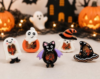 5 PCS Halloween Resin Shaker Flatbacks, Spooky Fall Cabochon for Jewelry Making, DIY Magnets