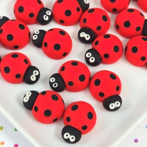 May include: A collection of red ladybug decorations with black spots and black heads with white eye details. The ladybugs are arranged on a white surface, showcasing their vibrant colors and playful design. These decorative items are ideal for themed parties or crafts.