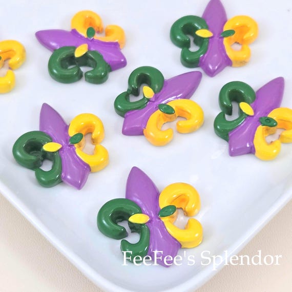 10 Mardi Gras Cabochons | Fleur-de-Lis Flatbacks | New Orleans DIY Craft Charms