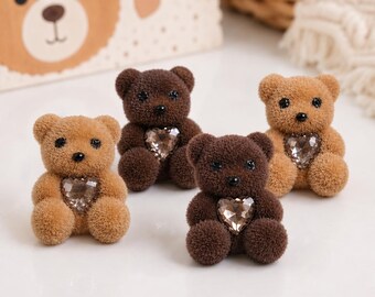 5 PCS Velvet Teddy Bear Cabochons, 20 mm Flocked Bear Flatbacks for DIY Jewelry, Card Making