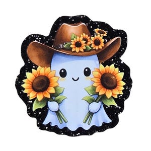May include: A light blue ghost character wearing a brown cowboy hat adorned with sunflowers. The ghost holds two sunflowers with green stems and leaves. The image has a black glittery border and a white background.