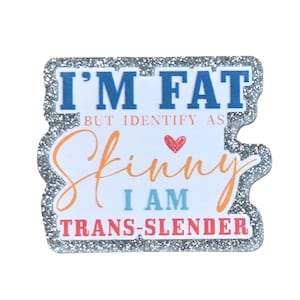 May include: A glitter-edged pin with the text "I'M FAT" in blue, "BUT IDENTIFY AS" in light orange, and "Skinny" in orange script. Below, it reads "I AM TRANS-SLENDER" in blue and red.