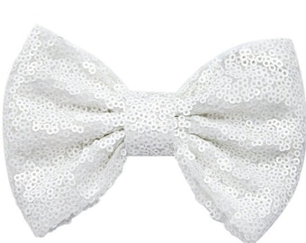 Sequin Bows . Matte White . 5 in. Sparkly Headband Bow . Large Hair Bow . NO Clip