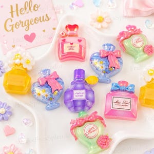 May include: A collection of miniature resin perfume bottle charms in various shapes and colors, including pink, blue, purple, yellow, and green. Some bottles feature bows, floral patterns, or labels with text like Sweet Girl, Lavender, and Miss Dior.