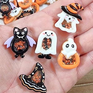 5pcs Halloween Shaker Cabochons | Kawaii Ghost Bat Witch Hat | Spooky Flatback Embellishments