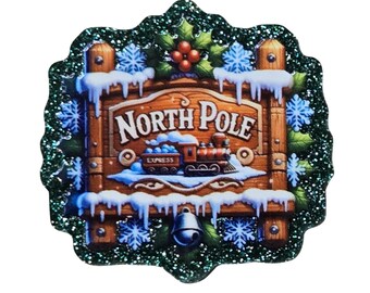 2 PCS North Pole Glitter Acrylic Flatbacks for Badge Reels, Card Making, Jewelry