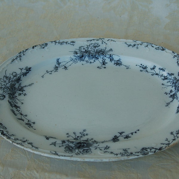 Antique English Porcelain Platter, Woodbridge and Sons, Black and Gray Transferware