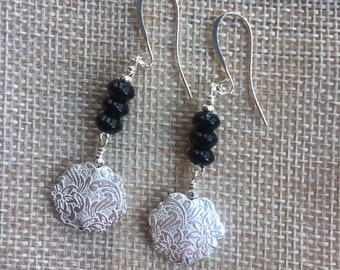 Silver and Black Onyx Long Earrings, silver plated