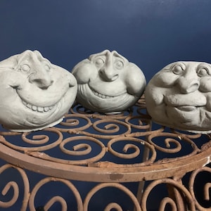 Rock head face art statues, set of 3 concrete rock faces, 3” tall, solid concrete garden art