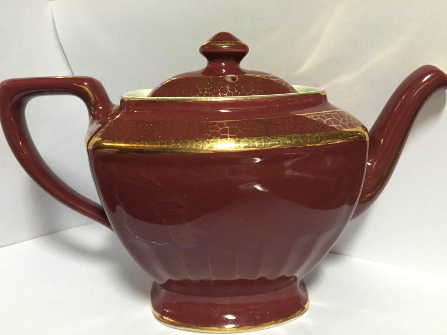 Hall teapot vintage unused condition burgundy with gold gilt Etsy