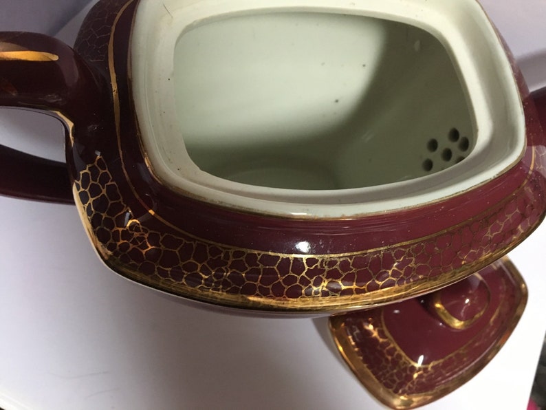 Hall teapot vintage unused condition burgundy with gold gilt Etsy