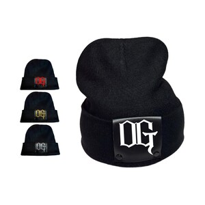 Gangsta Beanie Hat: OG, Original Gangster, Urban Streetwear, Satin Lined, Leather Patch Knit Cap