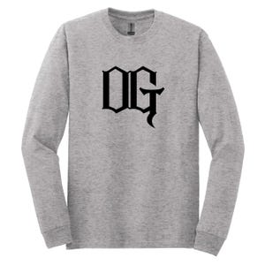 May include: A light gray long-sleeve shirt with the letters "OG" in a bold, black, gothic font centered on the front. The shirt has a crew neck and long sleeves.