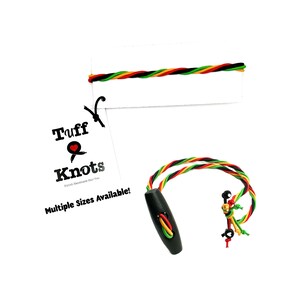 May include: A handmade Tuff Knots bracelet with a black toggle clasp. The bracelet features twisted cords in red, yellow, green, and black. The tag reads "Tuff Knots" and "Multiple Sizes Available!"
