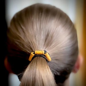 Peut inclure: Une queue de cheval brune avec un &eacute;lastique noir et des perles en bois brun.