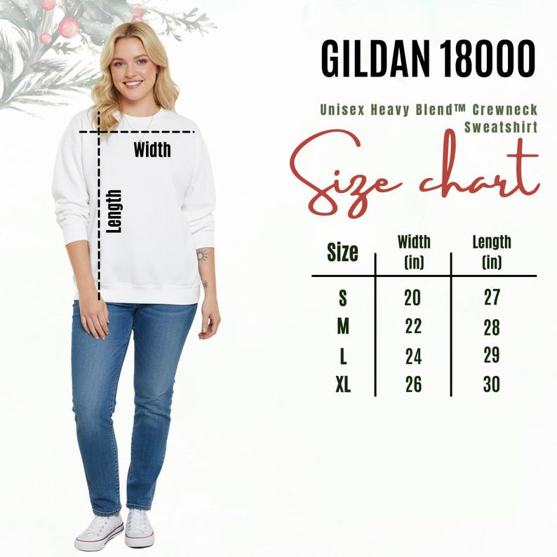 May include: A white Gildan 18000 Unisex Heavy Blend crewneck sweatshirt. The image includes a size chart with measurements in inches: S (20" width, 27" length), M (22" width, 28" length), L (24" width, 29" length), and XL (26" width, 30" length).